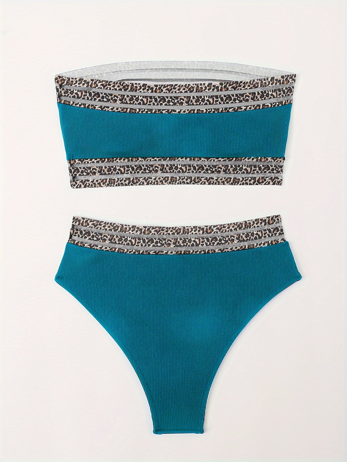 Bikini Leopard Print High Waist Bandeau 2 Piece Swimsuit for Women – Super Stretchy Bikini Set with Seductive Mesh Detail and Flattering Fit – Chic Animal Print Swimwear for Beachwear Poolside and Summer Vacations