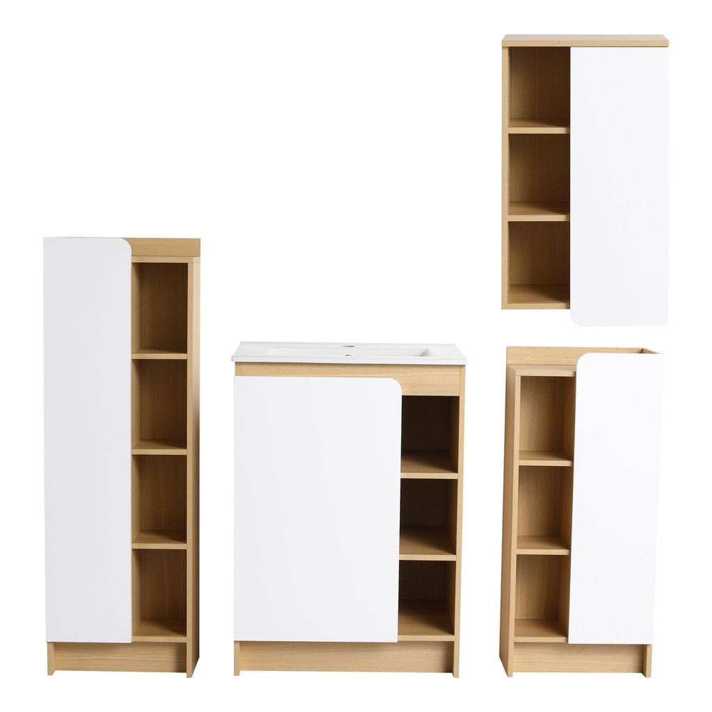 4 Piece Bathroom Vanity Set with Integrated Ceramic Sink and Storage - Black, Light Oak, White