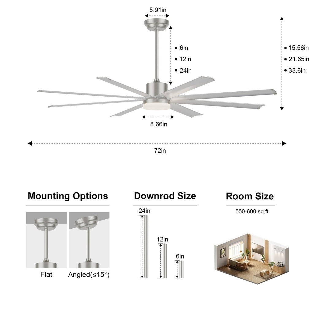 72 Inch Industrial Ceiling Fan with Light and Remote Control - Aluminum