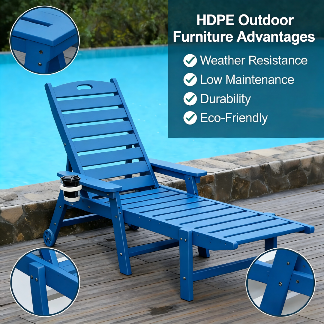HDPE Outdoor Chaise Lounge Chair with Adjustable Backrest - Navy Blue