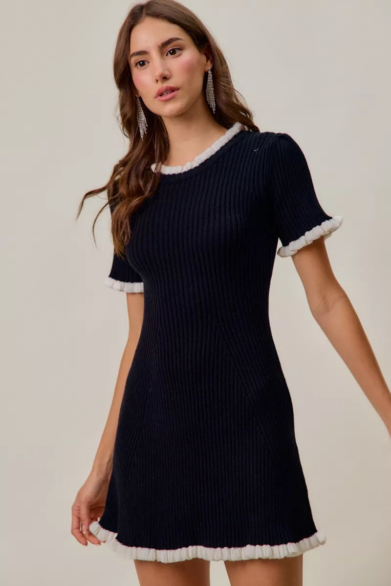SO ME Contrast Ruffled Sweater Knit Mini Dress