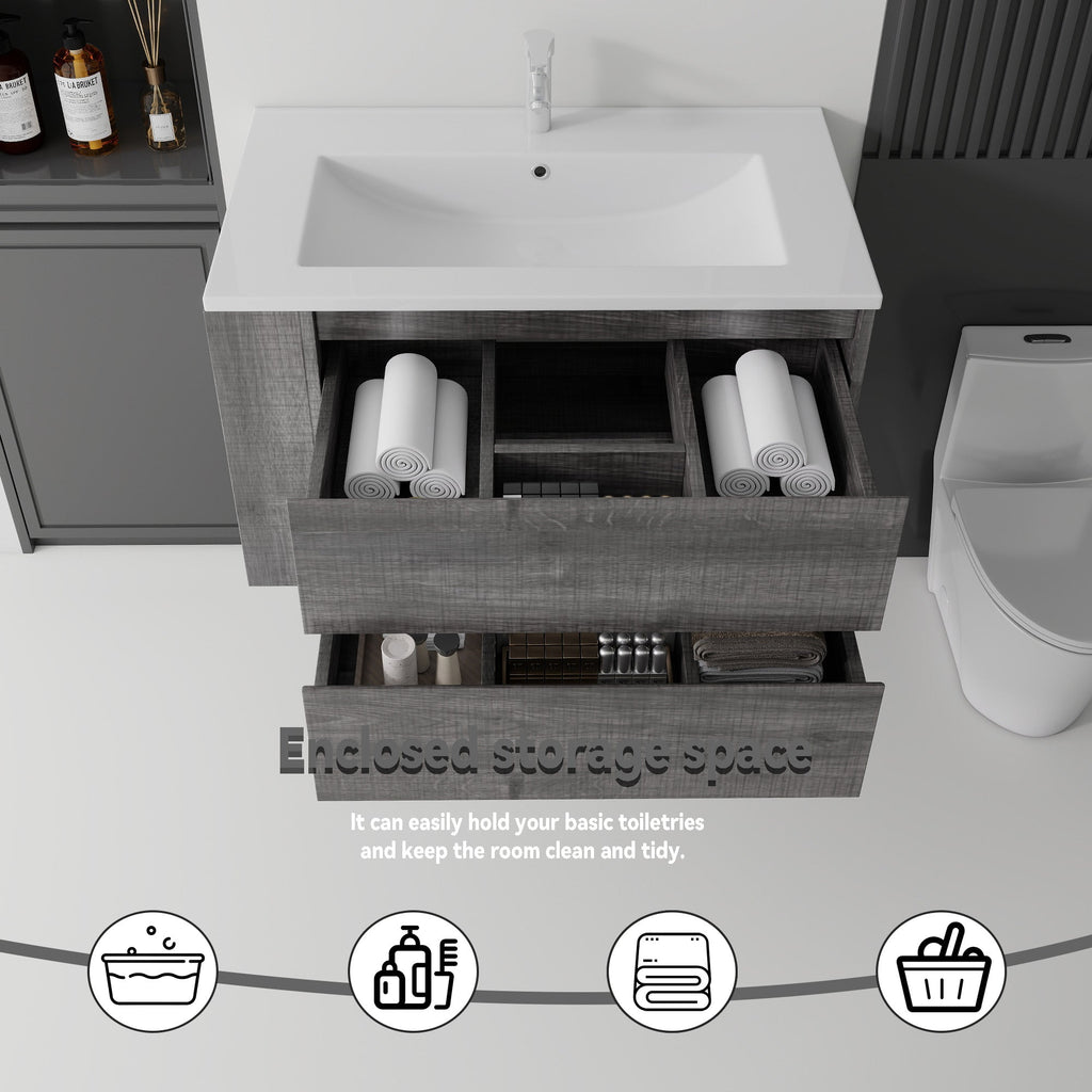36 Inch Floating Bathroom Vanity with Ceramic Sink and Soft-Close Doors - Multiple Colors