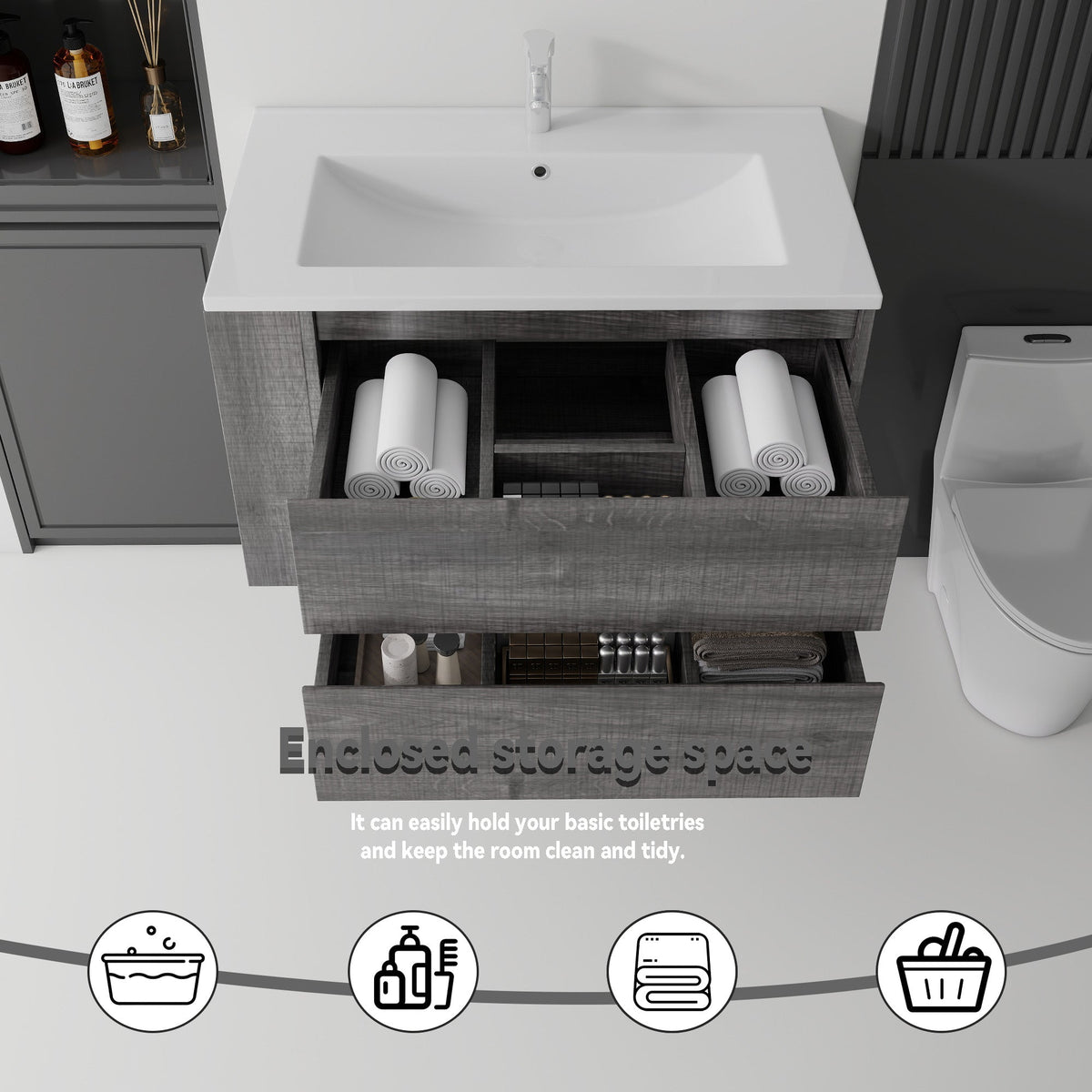 36 Inch Floating Bathroom Vanity with Ceramic Sink and Soft-Close Doors - Multiple Colors