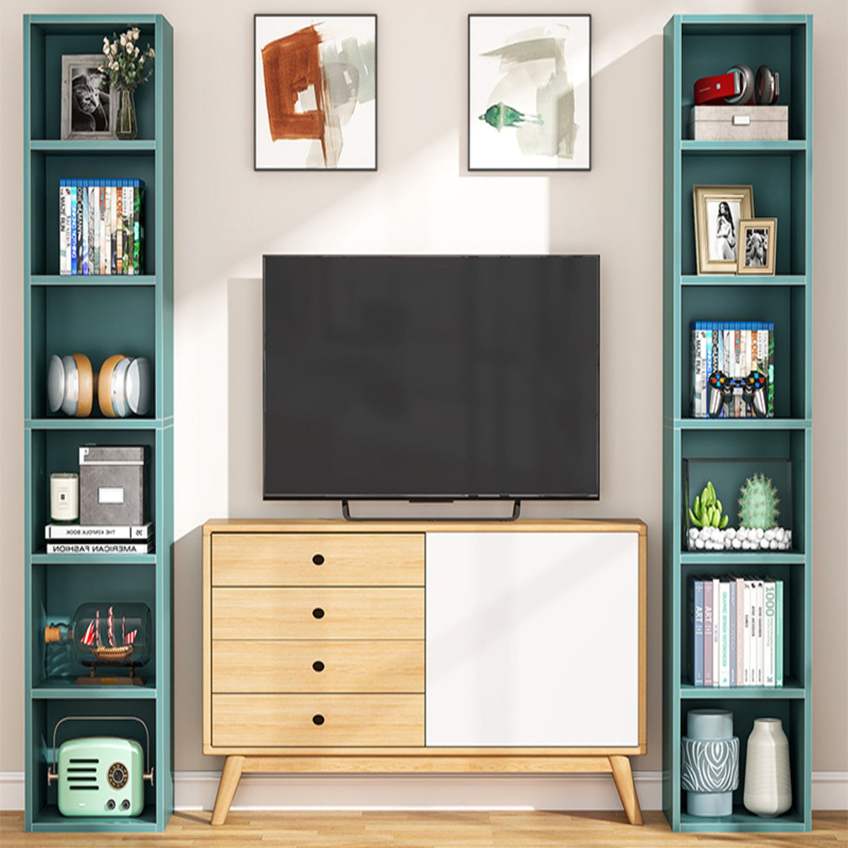 6 Tier Narrow Corner Cube Bookcase with Open Cubes - Light Blue or Dark Brown