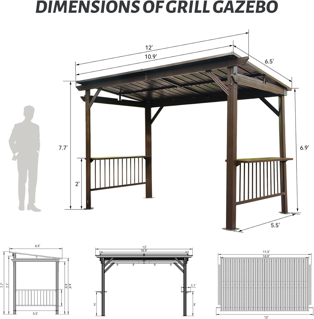 6.5x12FT Hardtop Grill Gazebo with Side Shelves - Brown