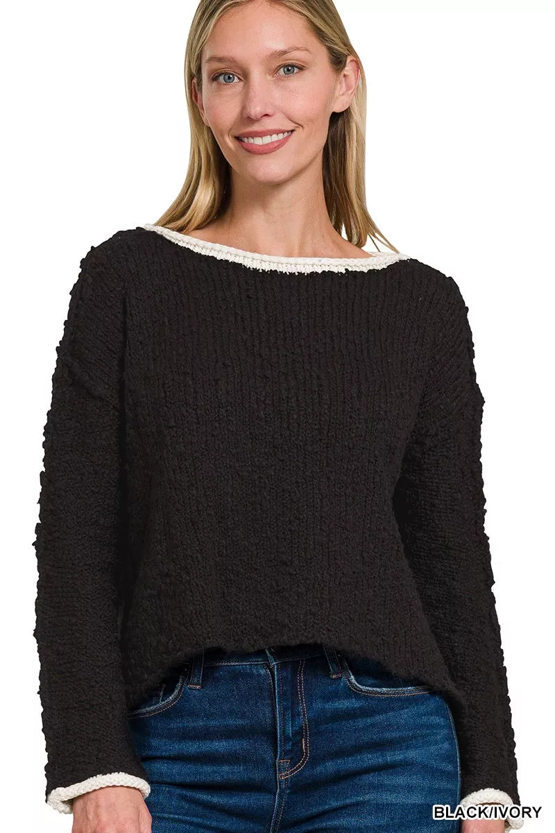Zenana Contrast Trim Cropped Sweater
