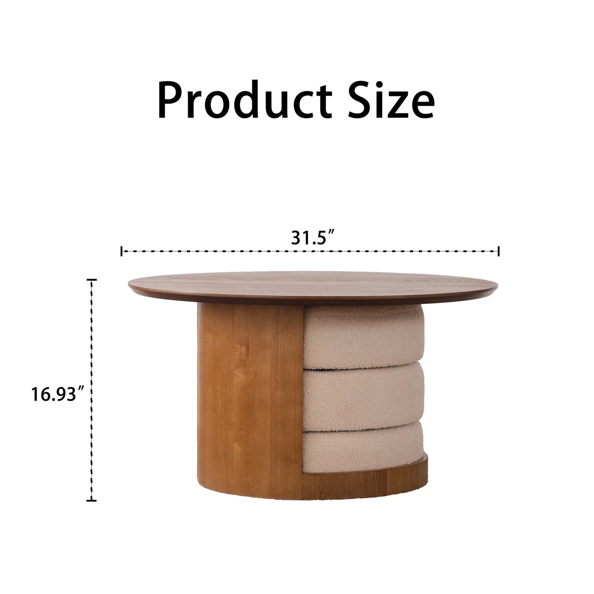 31.5" Round Wood Coffee Table with 3 Teddy Fabric Nesting Stools - Walnut
