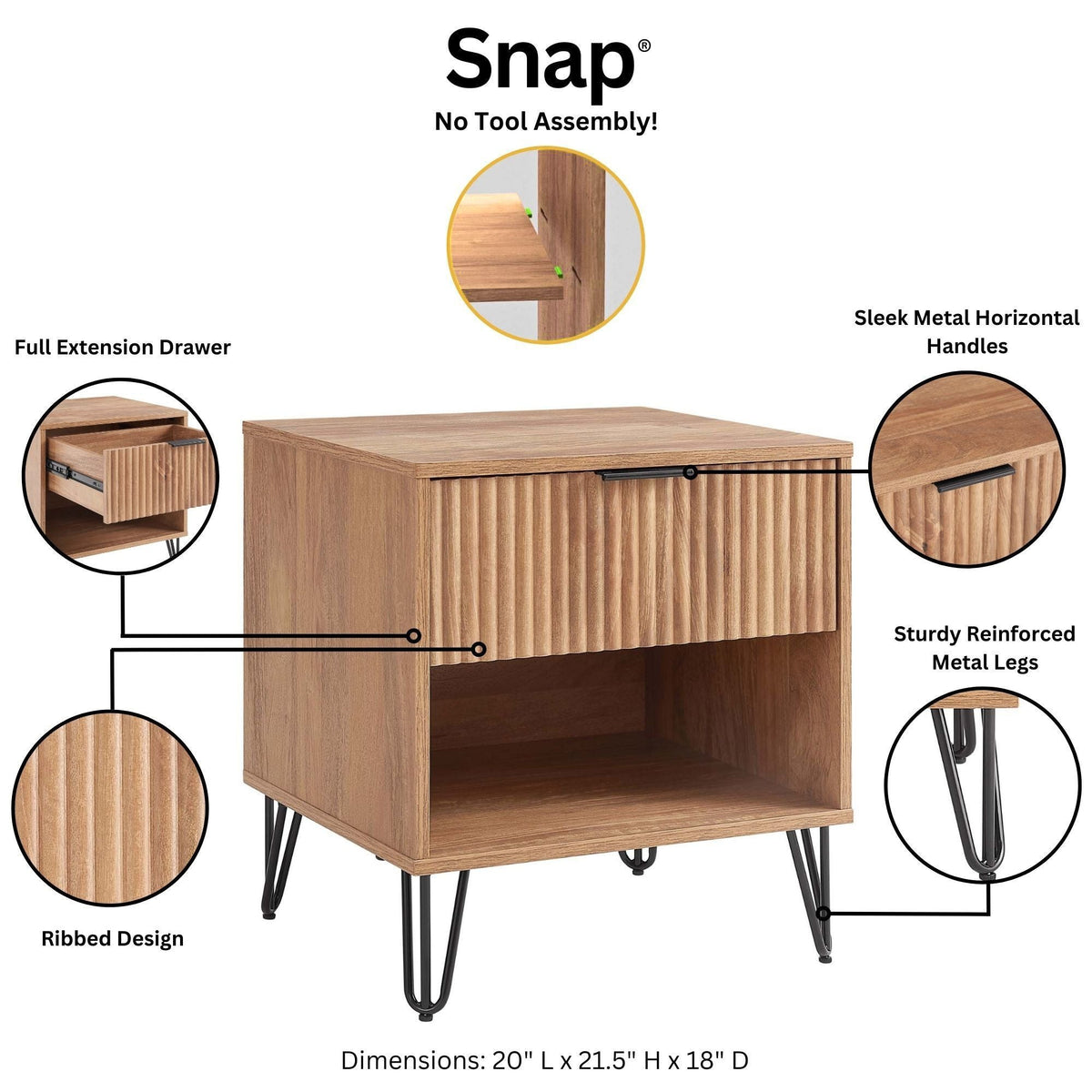 Modern Nightstand with Fluted Drawer and Metal Handles - Multiple Colors