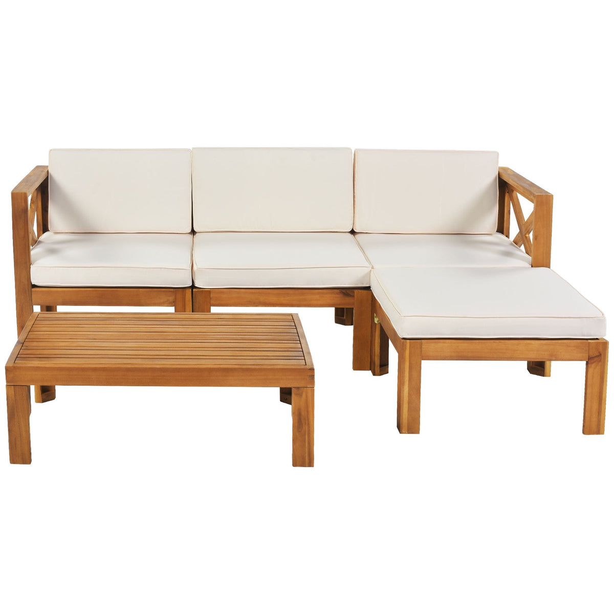 Acacia Wood Outdoor Sectional Sofa Set with Water-Resistant Cushions - Beige