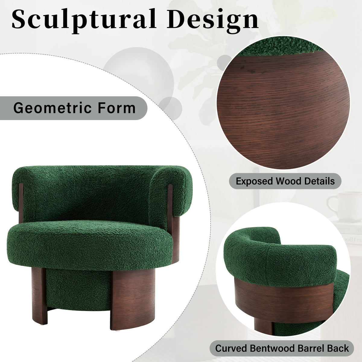 Modern 32" Wide Curved Sculptural Swivel Barrel Chair with 360° Swivel - Boucle