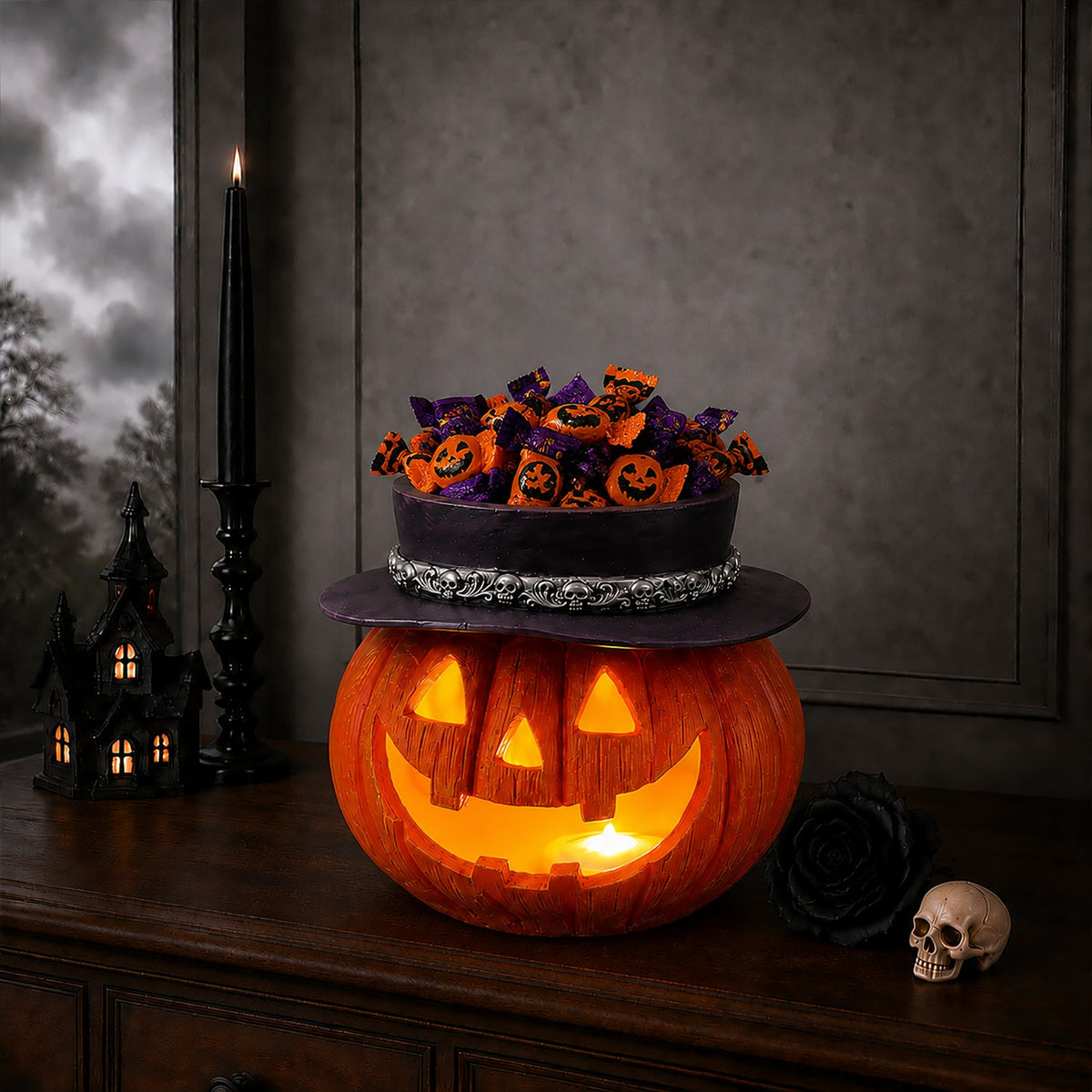Halloween Pumpkin Candy Bowl with Witch Hat - Resin Halloween Decor