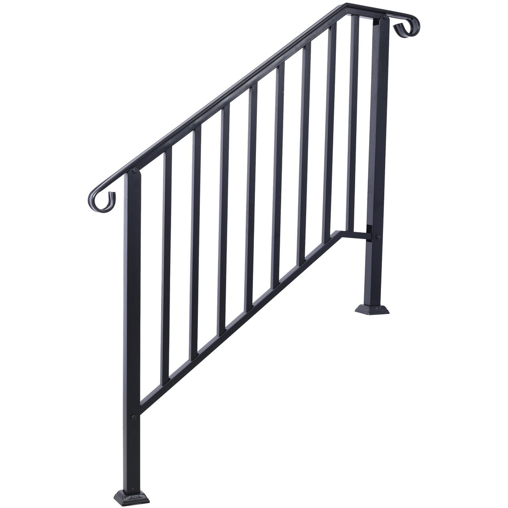 Wrought Iron Outdoor Handrail for 2 or 3 Steps with Rustproof Finish - Black