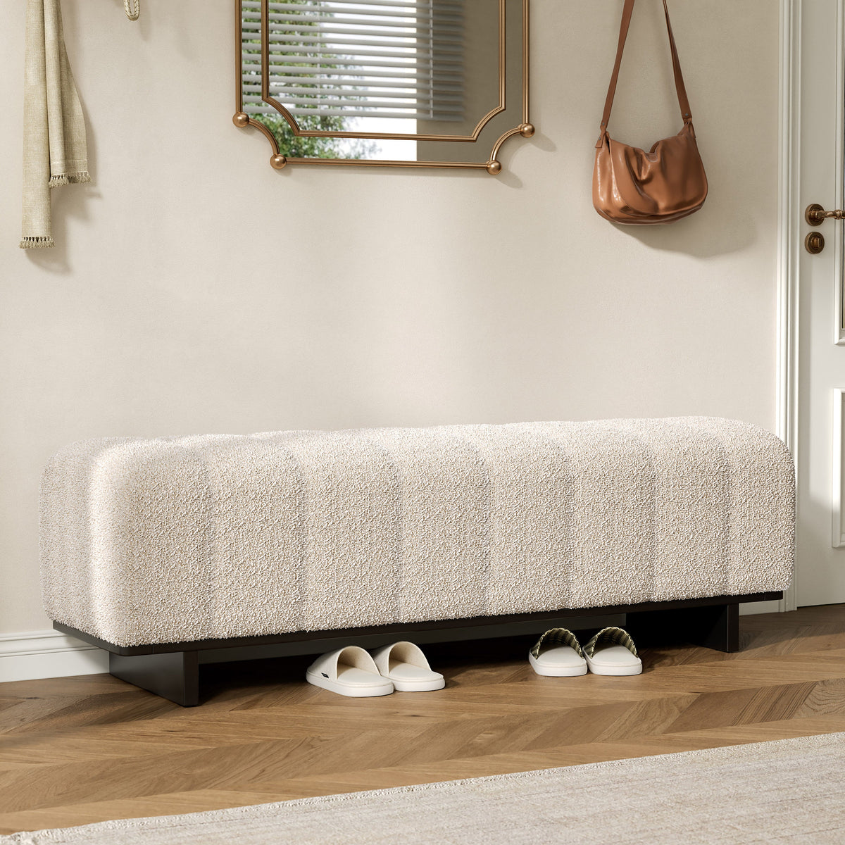 Indoor Dining Bench with Faux Fur Upholstery - Beige