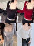 New Pure-temptation Sexy Faux Two-piece Lace Button-matched Long Sleeves