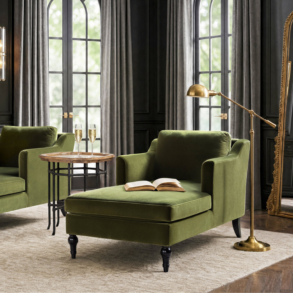 Josephine 60" Upholstered Chaise Lounge with Turned Wood Legs - Olive
