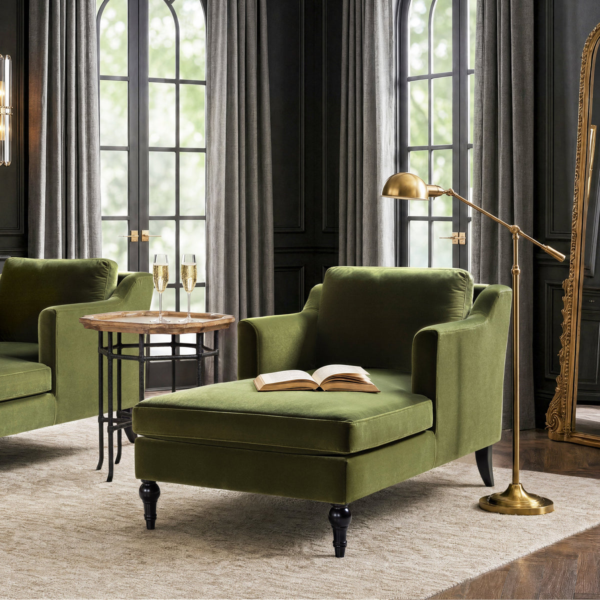 Josephine 60" Upholstered Chaise Lounge with Turned Wood Legs - Olive