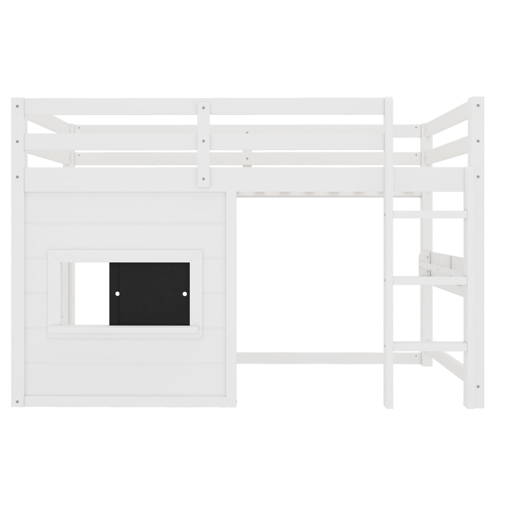Twin Size Loft Bed with Sliding Chalkboard & Bookshelf - White