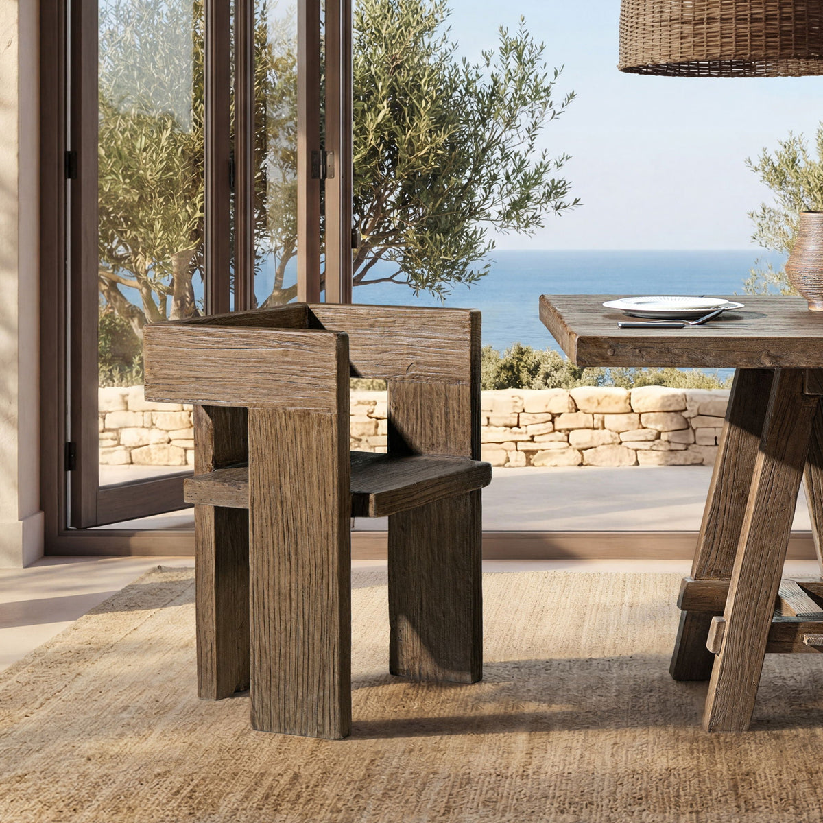 Sculptural Block Accent Chair with Reclaimed Elm Construction - Brown