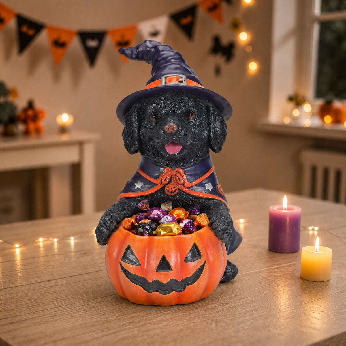Halloween Labrador Puppy Statue with Candy Bowl - Orange-Red, Purple+Black