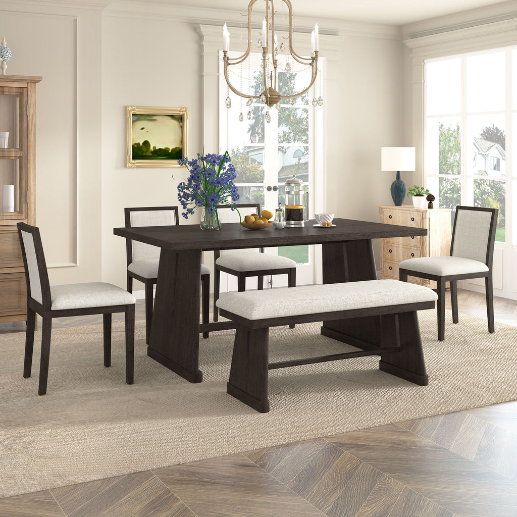 6 Piece Dining Room Set with Upholstered Chairs & Padded Bench - Light or Dark Brown