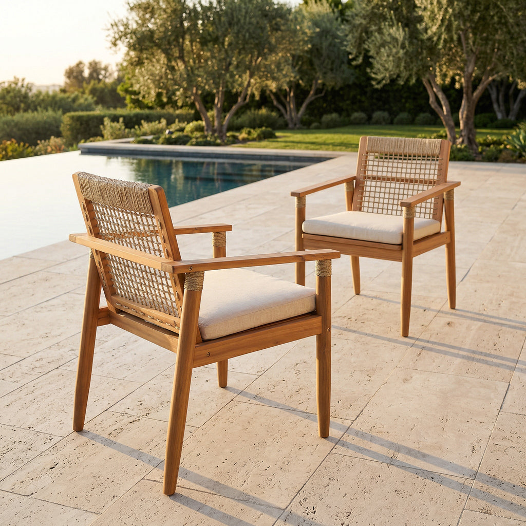 Acacia Wood Outdoor Dining Chairs with Rope Back - Set of 2