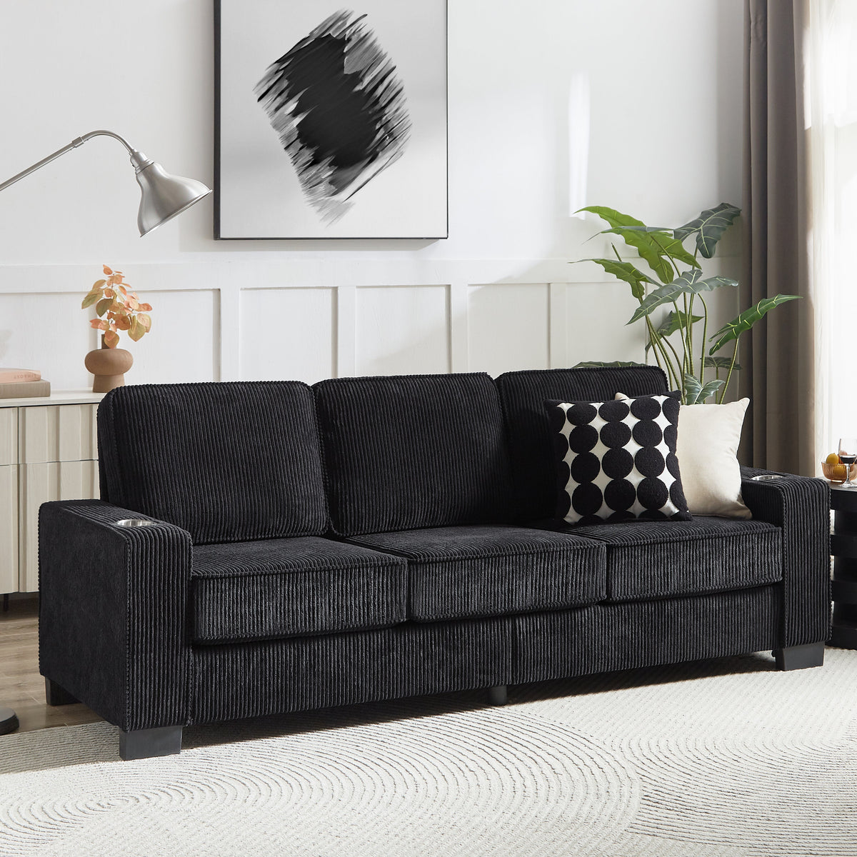 Modern Corduroy 3-Seater Sofa with Cup Holders - Black, Gray, Beige, Pink, or Green