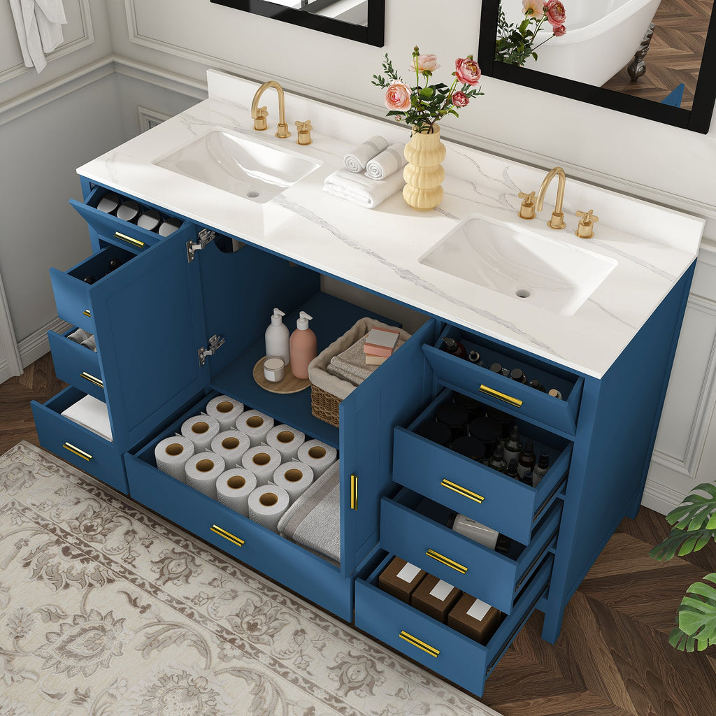 60" Solid Wood Bathroom Vanity with Double Sinks and Quartz Top - Blue
