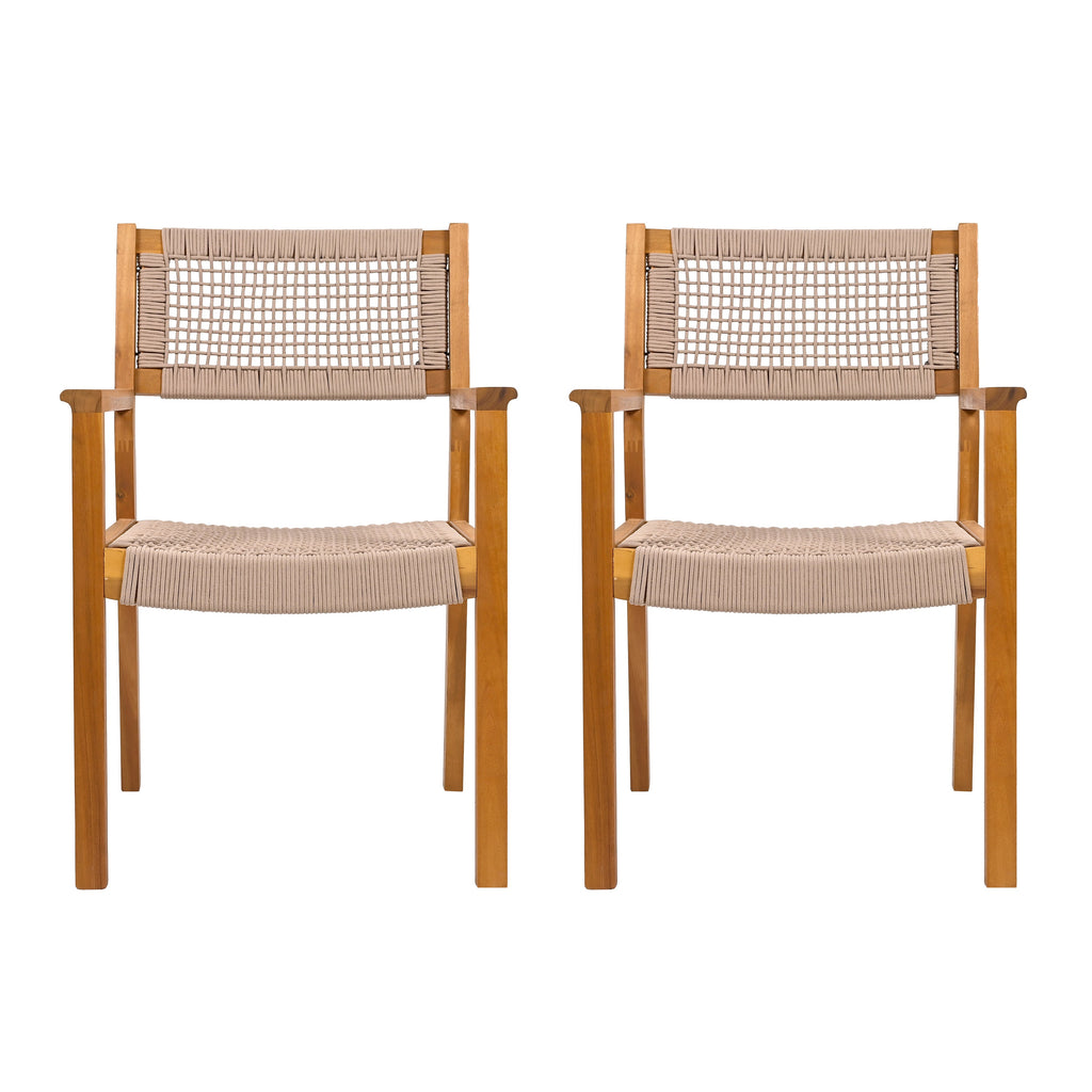 Braided Dining Chair Set of 2 with Acacia Wood & Rope - Light Brown