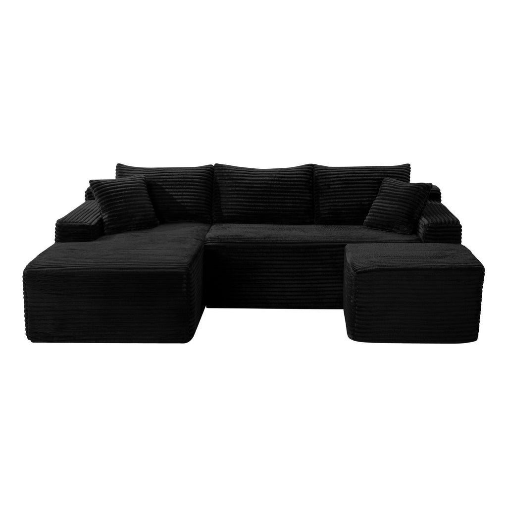 Corduroy U-Shaped Sectional Sofa with Deep Seat - Black