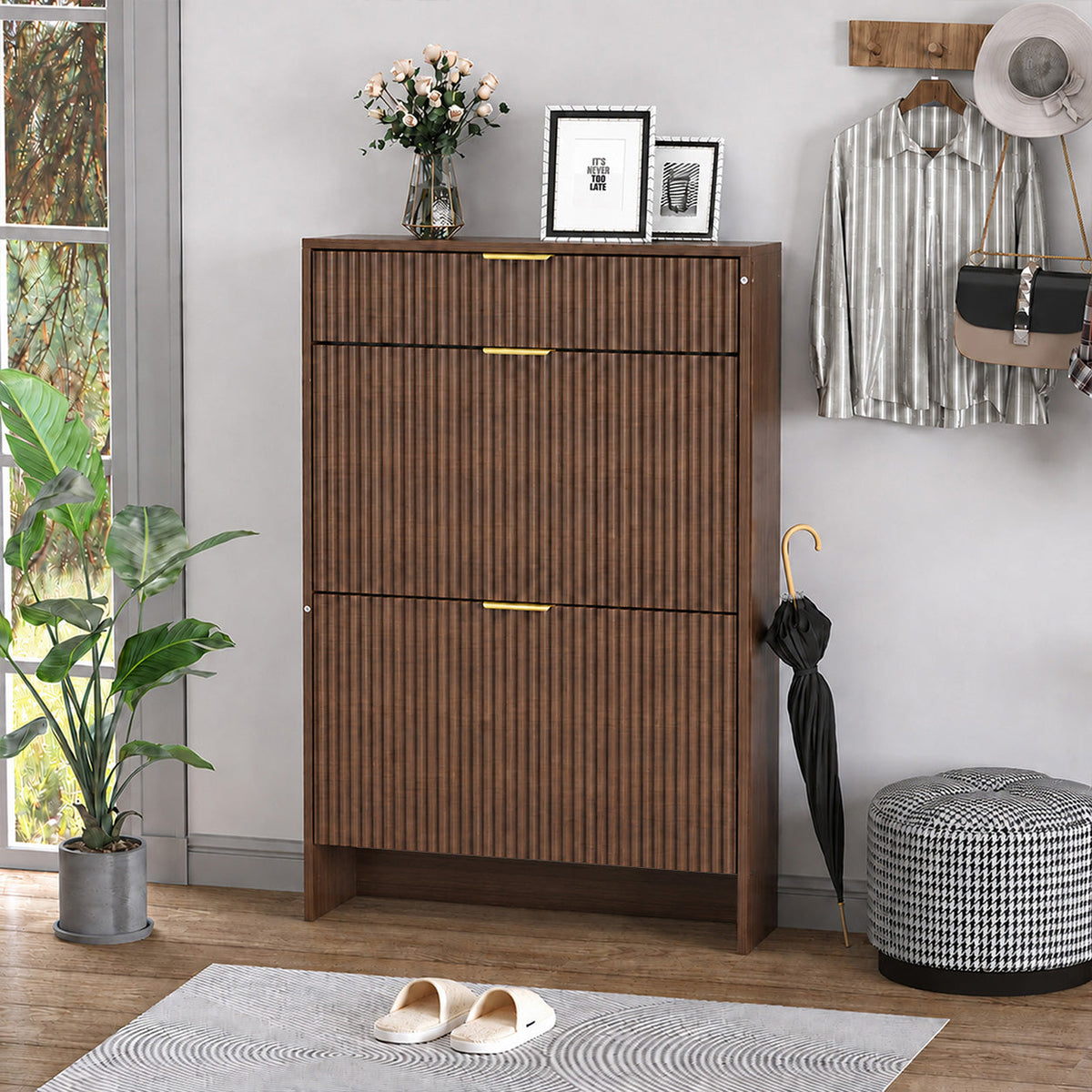 Narrow Fluted Shoe Storage Cabinet with Fluted Detailing - MDF