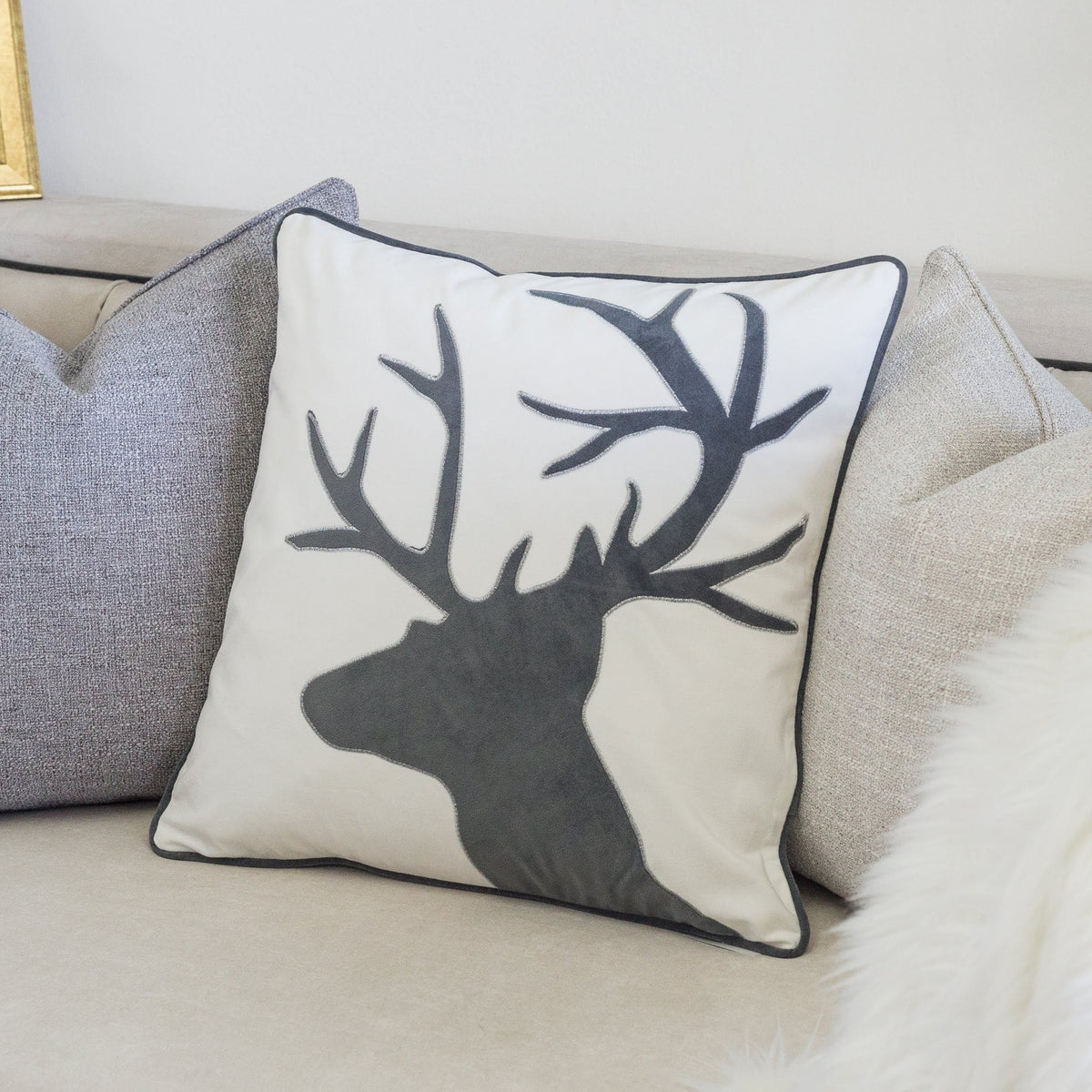 Holiday Reindeer Velvet Accent Pillow 20x20 – White and Gray with Insert