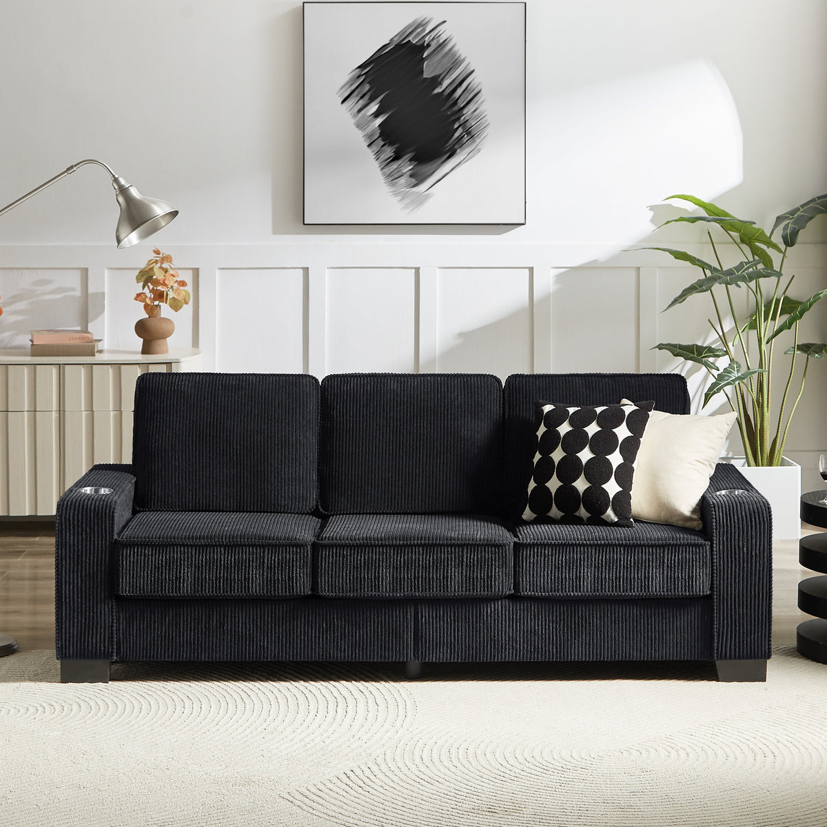 Modern Corduroy 3-Seater Sofa with Cup Holders - Black, Gray, Beige, Pink, or Green