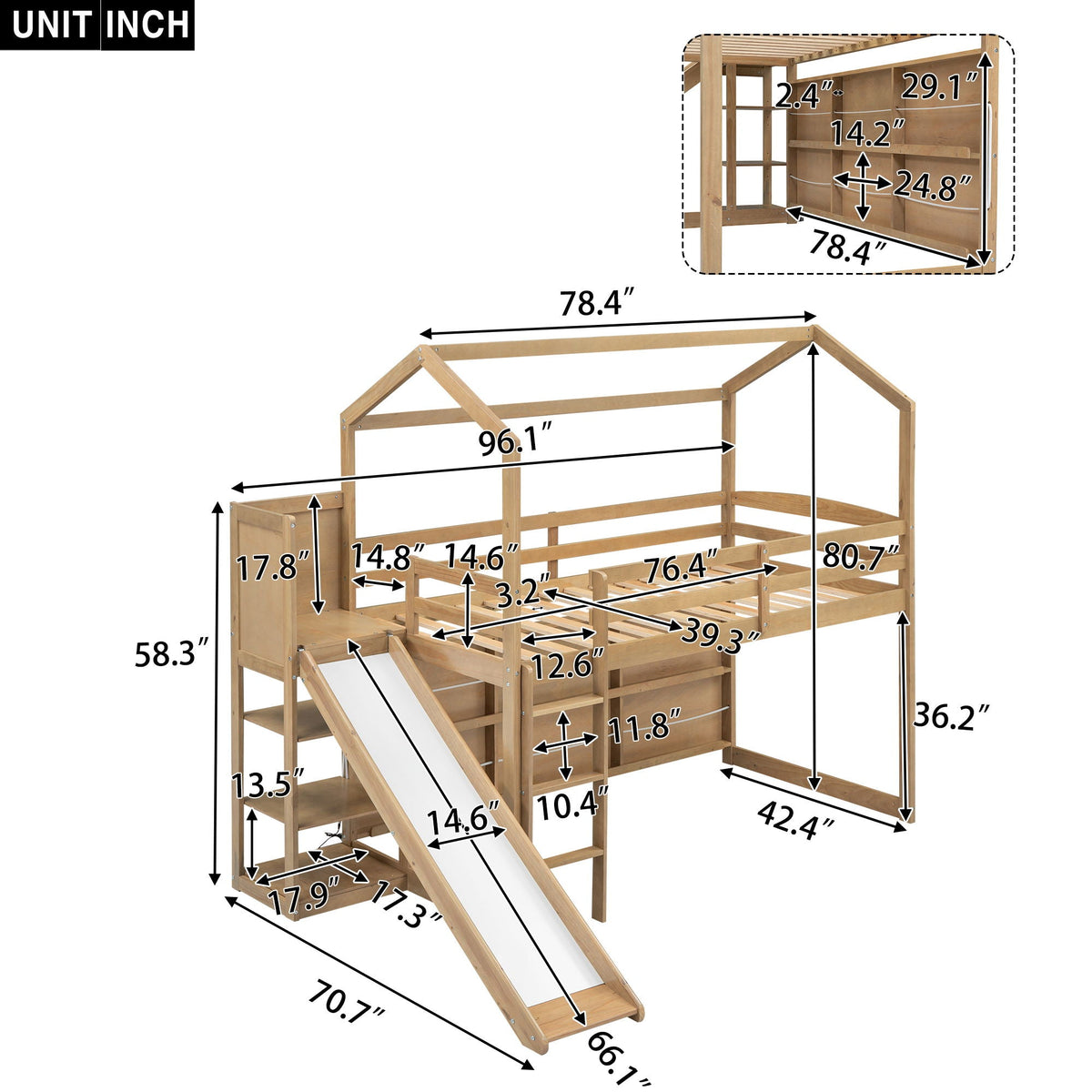 House Loft Bed with Slide and Storage Shelves - Twin with Light