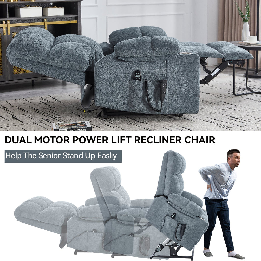 Grey Chenille Power Lift Recliner Chair with Massage - Grey