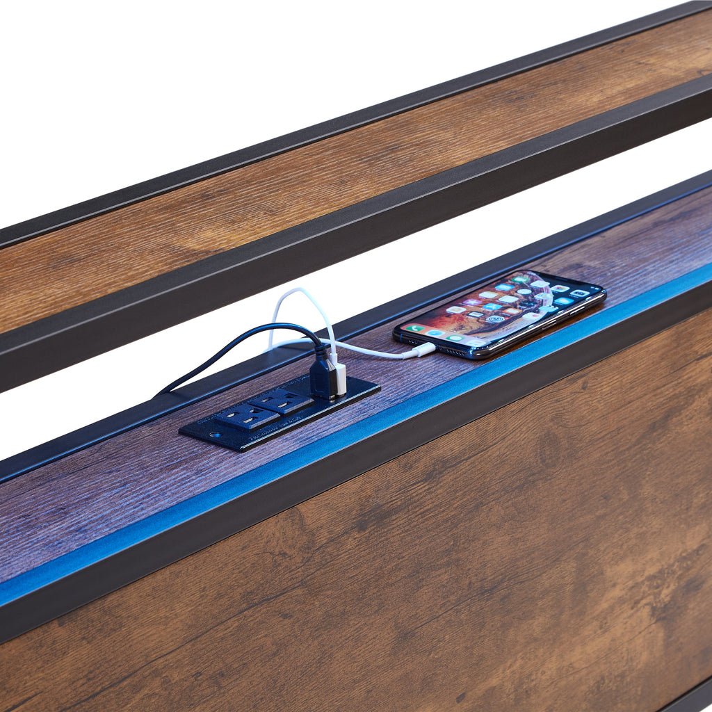 Full Size Metal Platform Bed Frame with Wooden Headboard