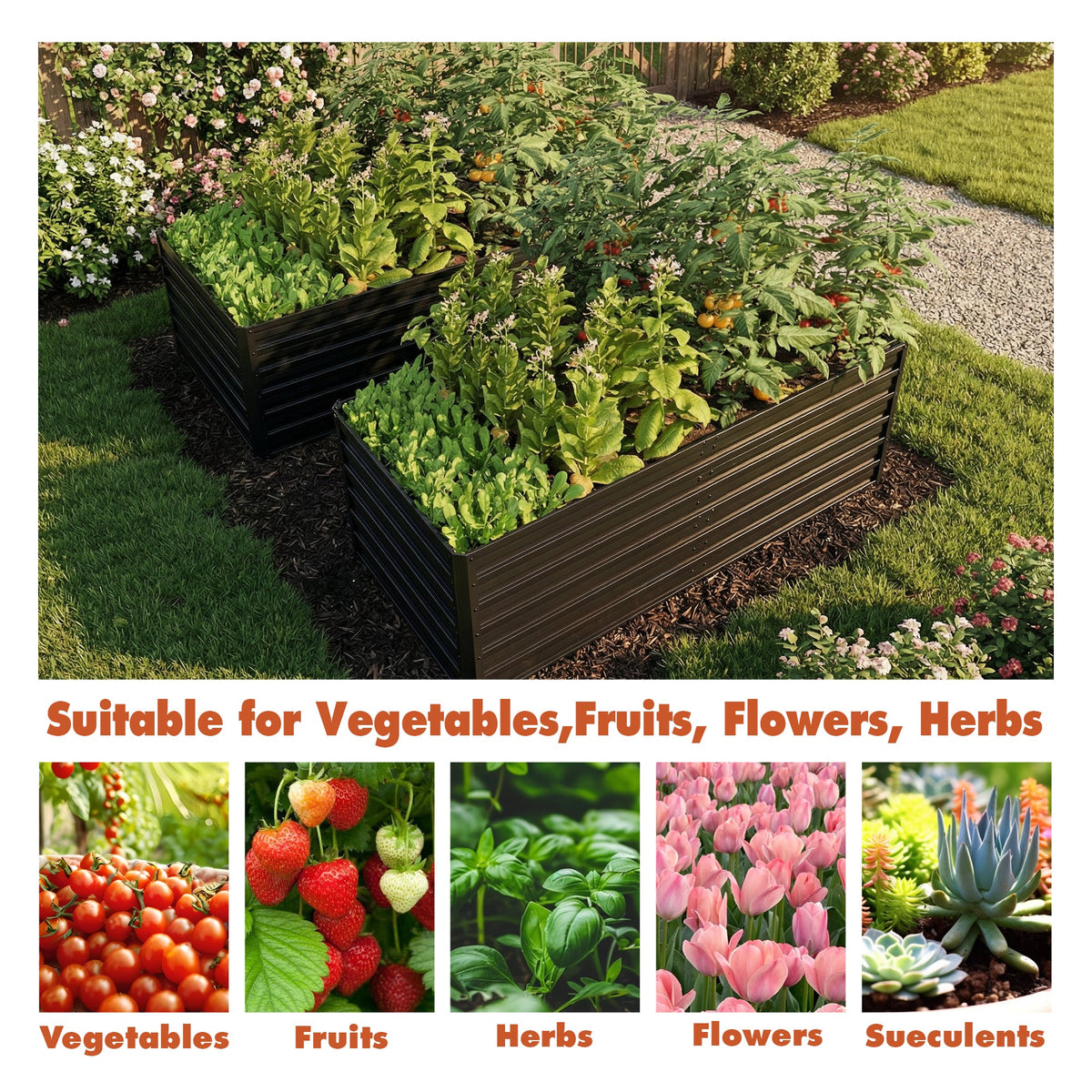 2-Pack Galvanized Metal Raised Garden Beds with Reinforced Durability - Black