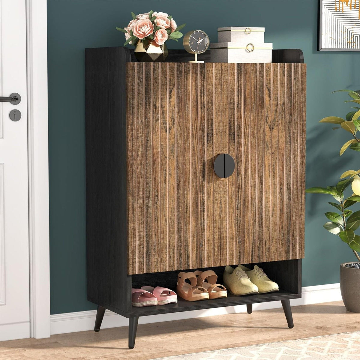 Shoe Cabinet With Doors, 7 Tier Storage Organizer with Adjustable Shelves - Dark Brown, Light Brown, or White