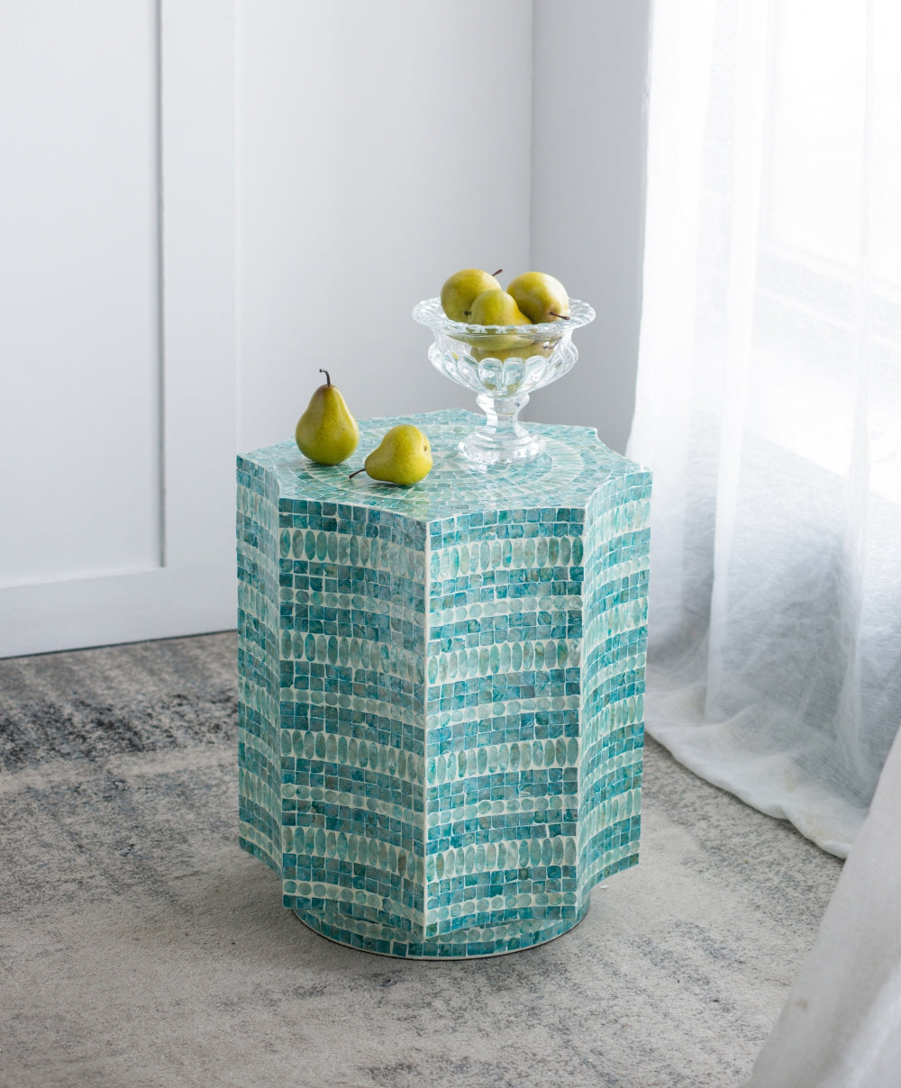Capiz Design Pedestal Stool with Starburst Capiz Inlay - 17x17x20 Inches