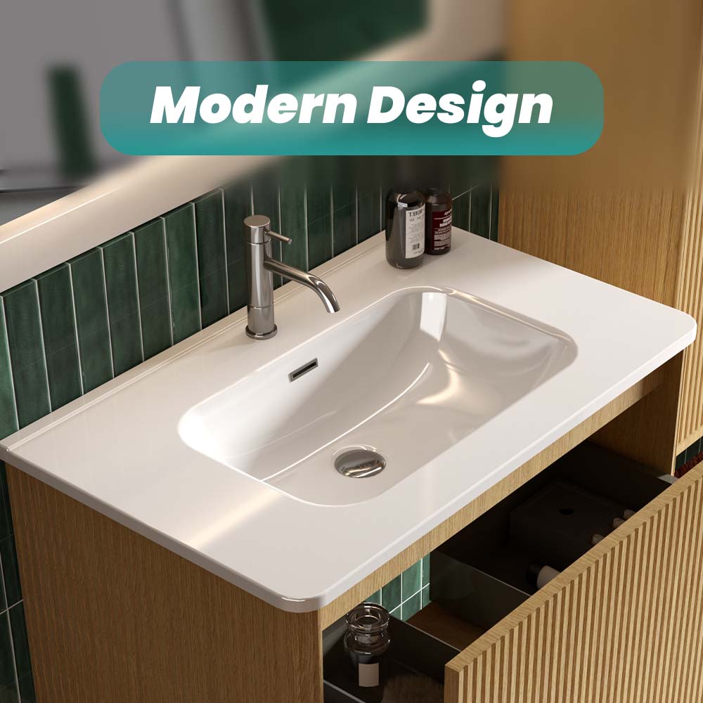 Glossy White Ceramic Integrated Bathroom Sink with Sleek Design - Gloss White