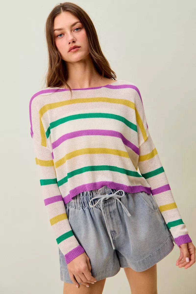 SO ME Mardi Gras Color Stripe Lightweight Sweater Top