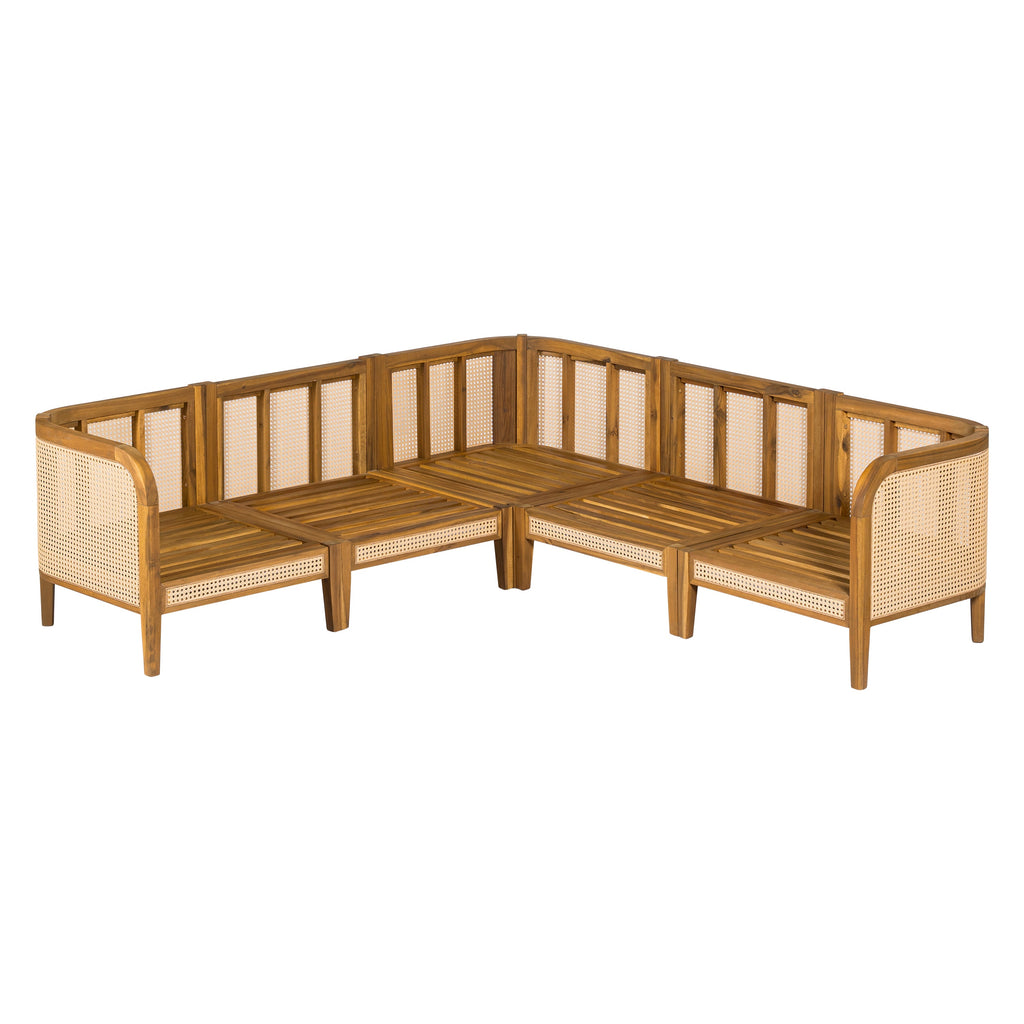 Kirkby Outdoor 5 Seater V-Shaped Acacia Wood Sofa with Cushions