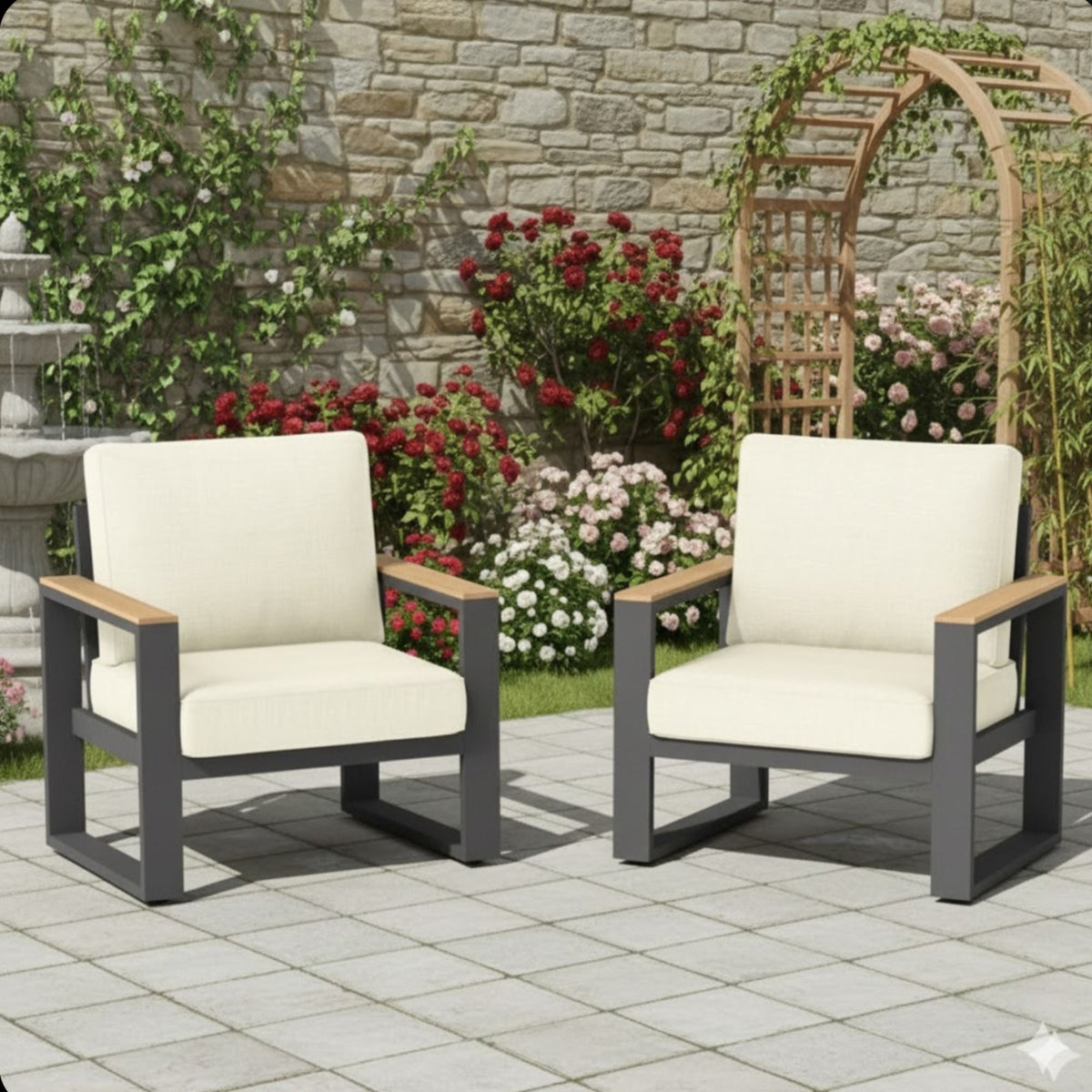 All-Weather Patio Armchairs with Thick Cushions – Set of 2 – Beige or Dark Gray