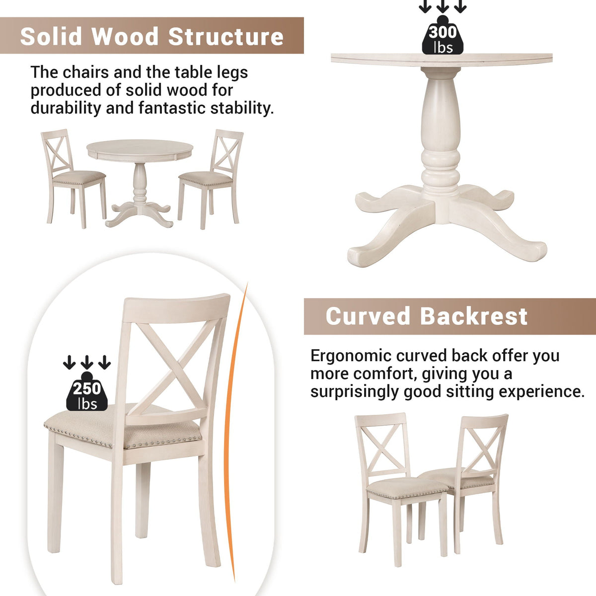 Modern Dining Table Set for 4 with Curved Back Chairs - Beige or Light Brown