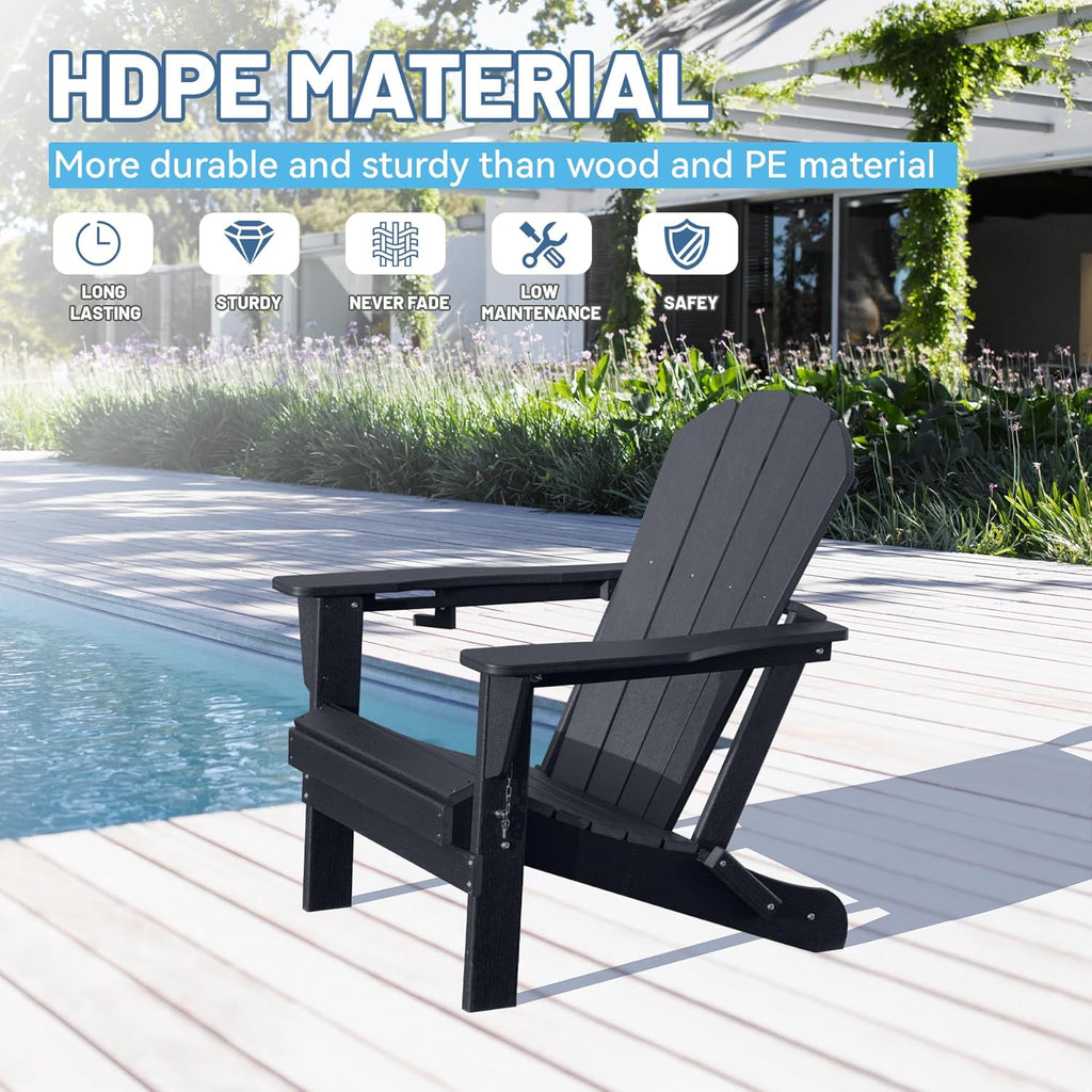 Black Folding Adirondack Chair with Cup Holder - HDPE Outdoor Patio Seating