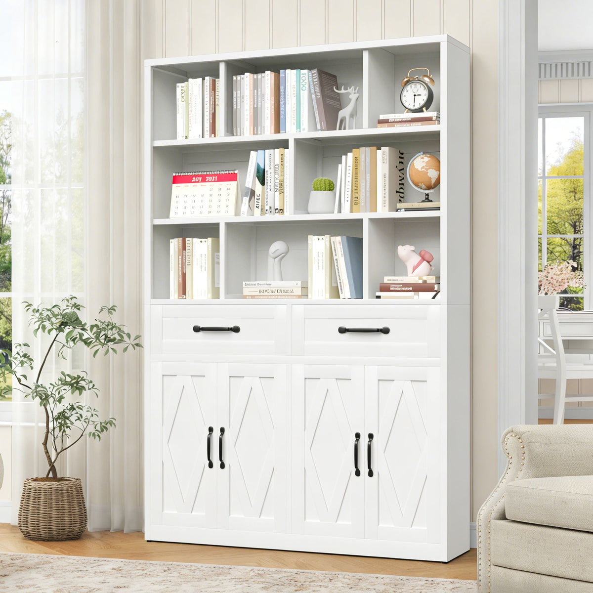 Bookcase Tall With 2 Doors & 2 Drawers, Fixed Open Shelves - White
