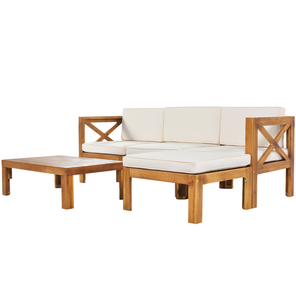 Acacia Wood Outdoor Sectional Sofa Set with Water-Resistant Cushions - Beige