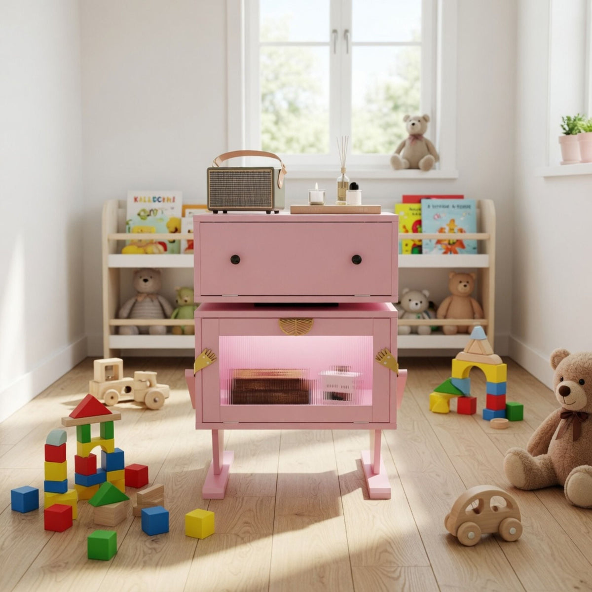 Robot LED Nightstand with 360° Rotating Drawer - White, Pink, or Green