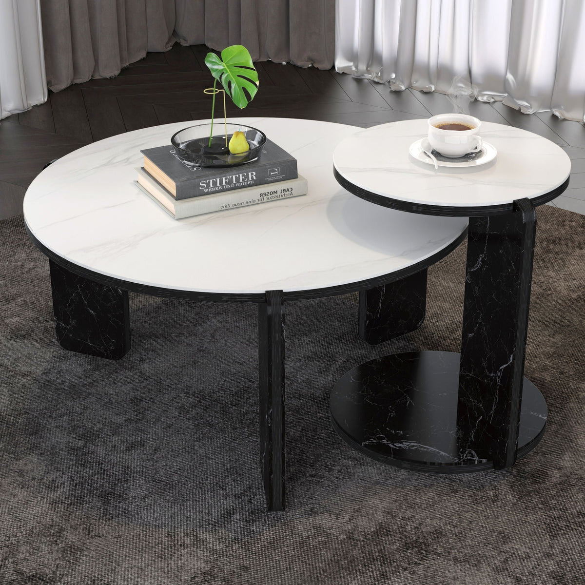 Round Coffee & End Table Set with Faux Marble & Wood Top - White, Black, or Dark Brown