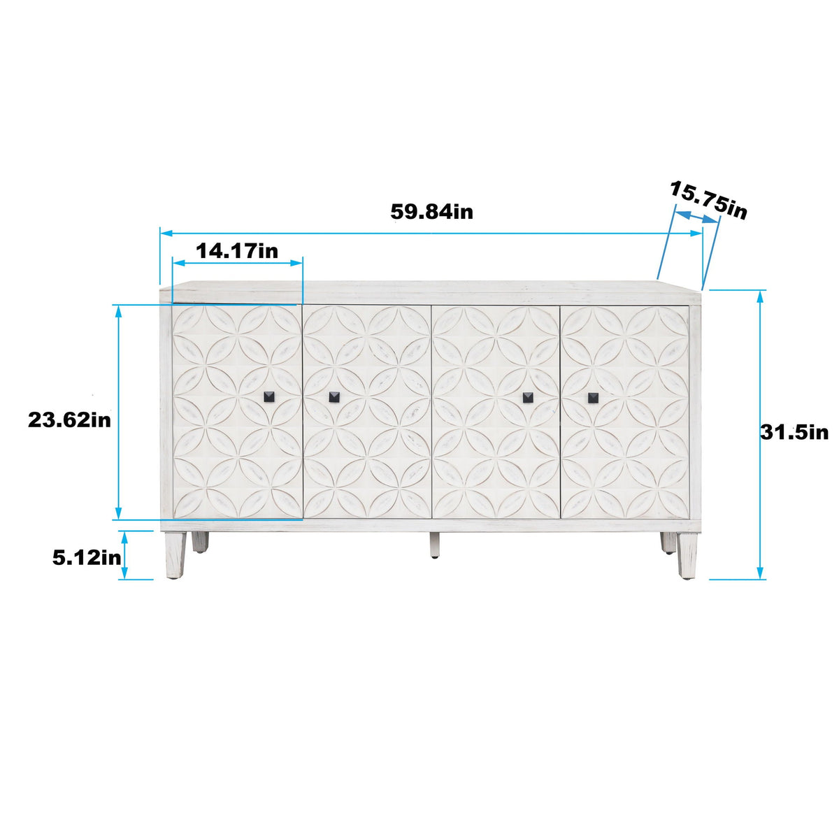 White Wash 4-Door Sideboard Cabinet with Adjustable Shelves