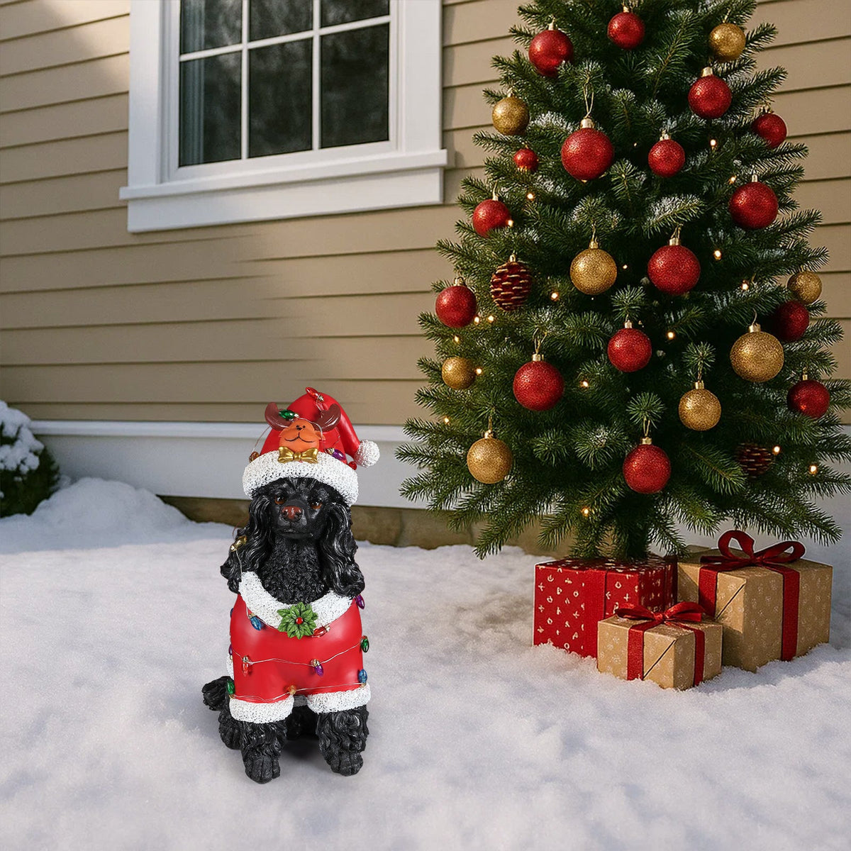 Festive Black Poodle Christmas Statue with Santa Outfit - Black+Red